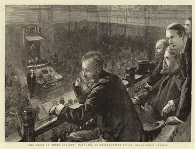 Die Peers in ihrer Galerie, beobachten eine Unterbrechung von Mr. Gladstones Rede von Sydney Prior Hall