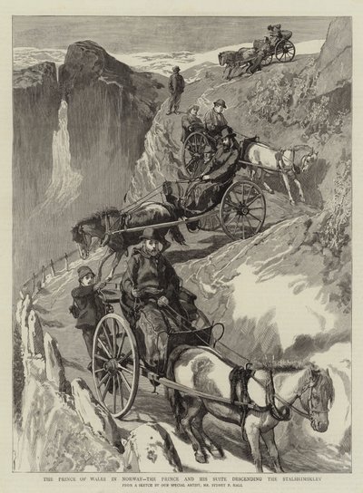 Der Prinz von Wales in Norwegen, der Prinz und seine Suite steigen den Stalheimsklev hinab von Sydney Prior Hall