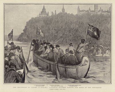 Die Prozession der Kanus in Ottawa, kanadische Bootsleute singen alte Lieder der Voyageurs von Sydney Prior Hall