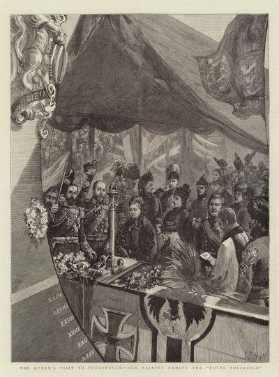 Der Besuch der Königin in Portsmouth, Ihre Majestät tauft die Royal Sovereign von Sydney Prior Hall