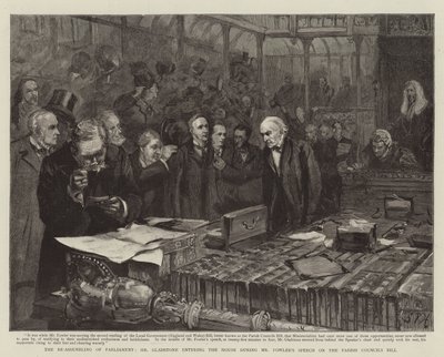 Die Wiederzusammenkunft des Parlaments, Mr. Gladstone betritt das Haus während Mr. Fowlers Rede zum Gemeinderatsgesetz von Sydney Prior Hall