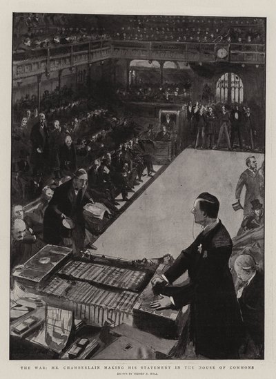 Der Krieg, Mr. Chamberlain macht seine Erklärung im House of Commons von Sydney Prior Hall