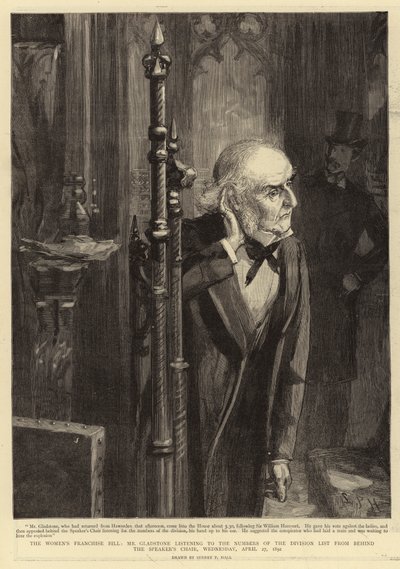 Das Frauenwahlrecht, Mr. Gladstone hört die Zahlen der Abstimmungsliste hinter dem Stuhl des Sprechers, Mittwoch, 27. April 1892 von Sydney Prior Hall