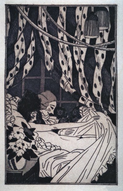 Erotik: Giacomo Casanova (1725-1798) hebt die Laken, um seine nackte Geliebte zu betrachten, frühes 20. Jahrhundert (Radierung) von Sylvain Sauvage