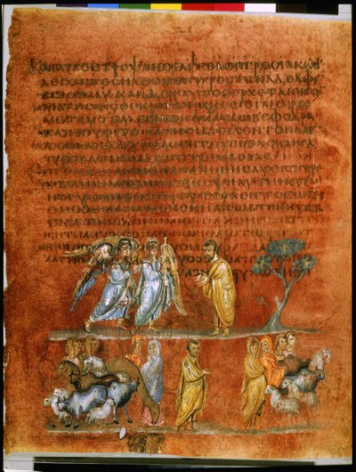 Ganzseitig: Text und Miniatur: Zwei Engelboten berichten von Esaus Annäherung an Jakob von Syrian School