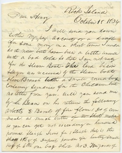 Brief unterzeichnet T.F. Smith, Rock Island, an Henry Chouteau, St. Louis, Mo., 18. Oktober 1834 von T.F. Smith