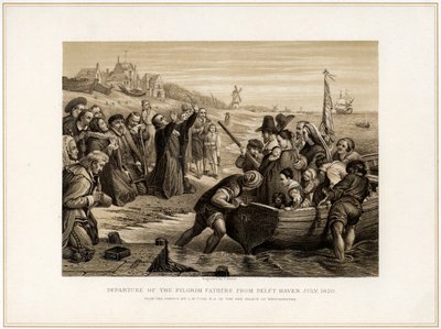 Abreise der Pilgerväter aus Delft Haven, Juli 1620, 19. Jahrhundert von T Bauer