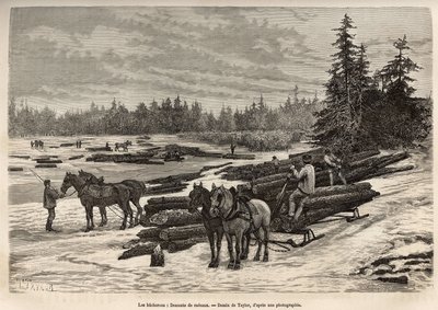 Das Herablassen der Flöße in Ontario, die Holzfäller entladen die gefällten Stämme und installieren sie auf dem gefrorenen Fluss, dann werden die Stämme während des Tauwetters vom Strom an den Ort getragen, wo sie entladen und verarbeitet werden, Gravur na von T Taylor