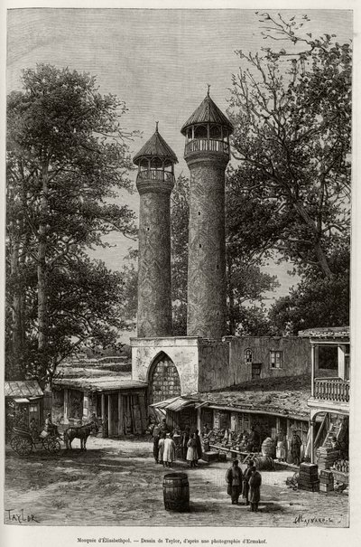 Die Moschee von Elisabethpol (oder Gandja, oder Kirovabad, Aserbaidschan). Gravur von Taylor, zur Illustration der Geschichte „A travers l