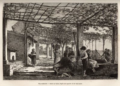 Villa Menton, Gravur nach Taylors Zeichnung, zur Illustration der Reise nach Menton und Bordighera, 1871, von Adolphe Joanne, veröffentlicht in „Le Tour du Monde“ 1874, herausgegeben von Edouard Charton, Hachette, Paris von T Taylor
