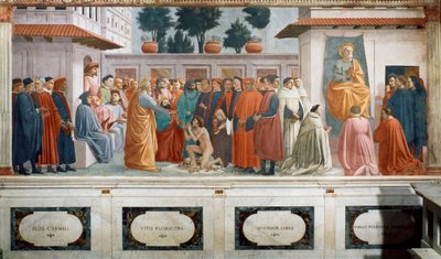 Die Auferweckung des Sohnes des Theophilus, des Königs von Antiochia, und St. Peter als erster Bischof von Antiochia, ca. 1427 und ca. 1480 von T. Masaccio, F. Lippi