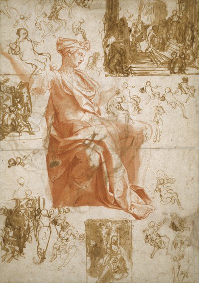 Blatt mit Studien für die Blendung des Elymas, Opfer in Lystra und eine Heilige Familie, ca. 1558 von Taddeo Zuccaro