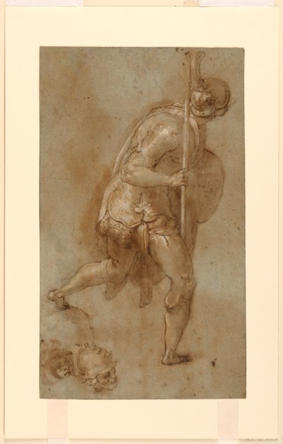 Soldat läuft: Studie für Figur im linken Vordergrund, "Verrat an Christus," Rom, S. Maria della Consolazione, Matttei-Kapelle; Separate Studien von zwei Köpfen von Taddeo Zuccaro