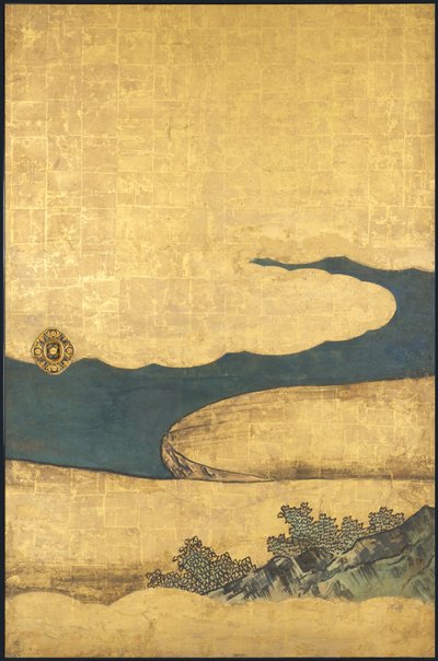 Ein Spiel von Go, aus den Vier Errungenschaften, Anfang des 17. Jahrhunderts (Schiebebildschirm; Tinte, Farbe und Gold auf Papier) von Takanobu Kano