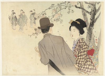 Mann mit Melone und Regenschirm und Dame im Kimono von Takeuchi Keishū