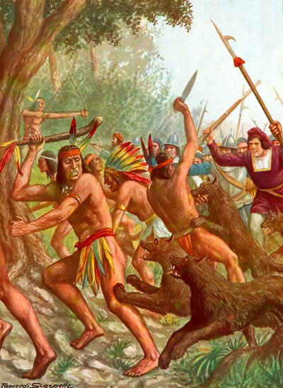 Indianer werden von Hunden gejagt, die von den Spaniern im Kampf eingesetzt werden von Tancredi Scarpelli