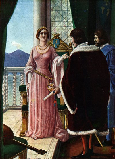 Königin Johanna II. von Neapel (Giovanna di Napoli oder Anjou Durazzo) (1373-1435) ernennt ihren Adoptivsohn Ludwig III. von Anjou (1403-1434) (Königin Johanna II. von Neapel wählt Ludwig III. zum König von Neapel) Illustration von Tancredi Scarpelli (1866 von Tancredi Scarpelli
