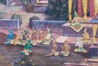 Wandgemälde mit Szenen aus dem Ramayana im Wat Phra Kaeo, dem Königlichen Großen Palast, Bangkok, Thailand von Thai School