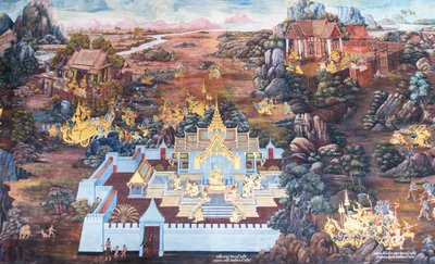 Wandbild mit Szenen aus dem Ramayana im Wat Phra Kaeo, dem Königlichen Großen Palast, Bangkok, Thailand von Thai School
