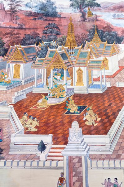Wandmalerei, die Szenen aus dem Ramayana im Wat Phra Kaeo, dem Königlichen Großen Palast, Bangkok, Thailand, darstellt von Thai School