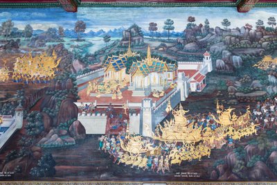 Wandgemälde mit Szenen aus dem Ramayana im Wat Phra Kaeo, dem Königlichen Großen Palast, Bangkok, Thailand von Thai School