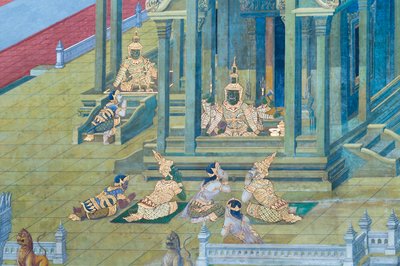 Wandgemälde mit Szenen aus dem Ramayana im Wat Phra Kaeo, dem Königlichen Großen Palast, Bangkok, Thailand von Thai School