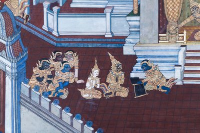 Wandgemälde mit Szenen aus dem Ramayana im Wat Phra Kaeo, dem Königlichen Großen Palast, Bangkok, Thailand von Thai School