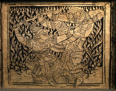 THAI-KUNST: Eine Episode im „Ramayana“. Bücherschrank, Bangkok-Stil. von Thai School