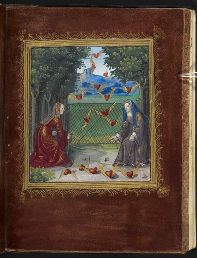 Mädchen und geflügelte Herzen, Miniatur aus dem 