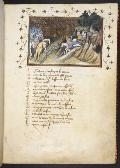 MacMorogh, der irische Häuptling, nähert sich dem Herzog von Gloucester, MS Harley 1319, f.9r von The Virgil Master