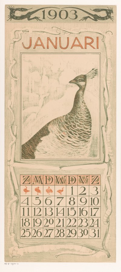 Kalenderblad Januar mit Pfau von Theo van Hoytema