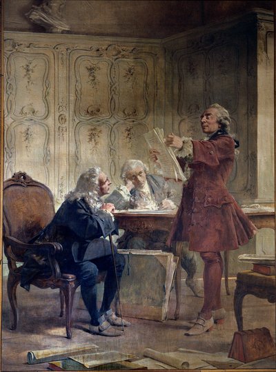 Der Naturforscher und Intendant des Jardin du roi Georges-Louis Leclerc, Graf von Buffon (1707-1788), liest die ersten Blätter seines Naturgeschichtswerks vor dem Botaniker Bernard de Jussieu (1699-1777) und dem Naturforscher Edme-Louis Daubenton (1732-17 von Theobald Chartran