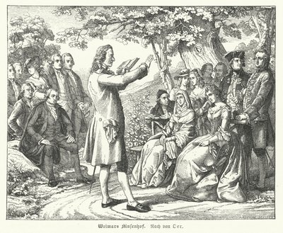 Der Weimarer Musenhof: Der deutsche Dichter und Dramatiker Friedrich Schiller liest im Schloss Tiefurt, mit Christoph Martin Wieland, Johann Wolfgang Goethe und Johann Gottfried Herder unter den Zuhörern von Theobald Reinhold von Oer