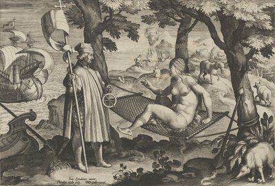 Neue Erfindungen der Neuzeit [Nova Reperta], Die Entdeckung Amerikas, Platte 1, ca. 1600 von Theodoor Galle