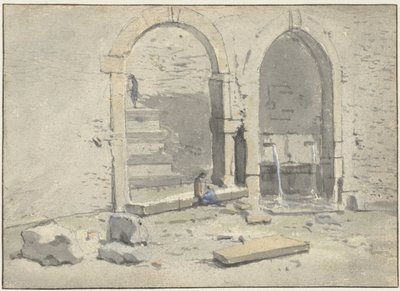 Brunnen an einer Stadtmauer, in die eine Treppe eingebaut ist von Theodoor Wilkens