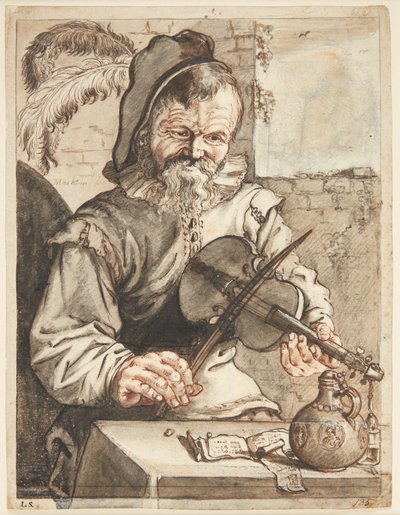 Ein Geigenspieler, Halbfigur en face, sitzend vor einem Tisch mit Noten, einem Krug und einem Glas von Theodor Matham