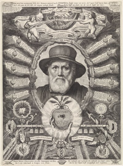 Porträt von Dirck Volckertsz. Coornhert in allegorischem Rahmen von Theodor Matham