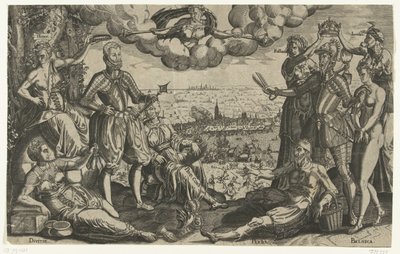 Vergleich zwischen Oranien und Alva, mit der Spanischen Furie im Hintergrund, ca. 1577 von Theodor de Bry (attributed to)