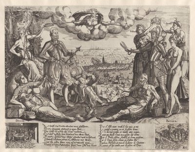 Vergleich zwischen Oranien und Alva, mit im Hintergrund die Spanische Furie, ca. 1577 von Theodor de Bry (attributed to)