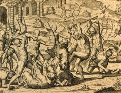 Martyrium von Missionsmönchen in Südamerika, Gravur aus Historia Americae von Theodor de Bry (1528-1598), Frankfurt von Theodor de Bry