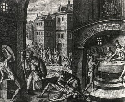 Priester tötet Opfer eines fingierten Kampfes und häutet dann den Körper, Mexiko, Gravur aus Peregrinationes, von Theodor de Bry (1528-1598) von Theodor de Bry