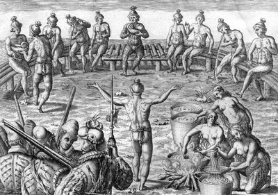 Timucua-Indianer mit französischen Entdeckern von Theodor de Bry