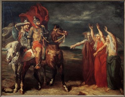 Macbeth und die drei Hexen, Illustration von Szene 3 des ersten Aktes von William Shakespeares Stück „Macbeth“ von Théodore Chassériau