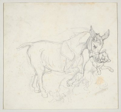 Esel mit Hund im Maul (recto); Studie von Hirschen, die von Hunden gejagt werden, Kopf einer Hirschkuh (verso) von Theodore Gericault