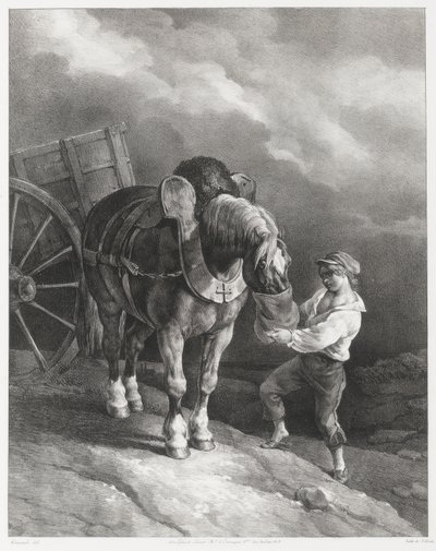 Junge gibt einem abgespannten Pferd Hafer von Theodore Gericault
