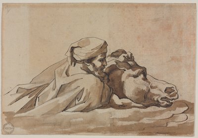 Mann, der ein Pferd im Wasser umklammert, nach Poussins Sintflut von Theodore Gericault
