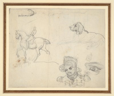 Seite mit Skizzen (Reiter, Hund, Soldatenkopf) von Theodore Gericault