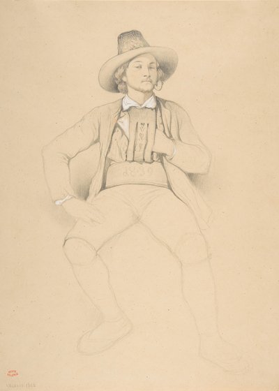 Ein Mann in Tiroler Tracht, sitzend, raucht eine Pfeife von Theodore Valerio