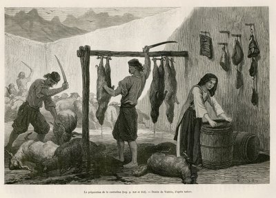 Die Zubereitung der Castradina, Spezialität aus gesalzenem und geräuchertem Schaf- und Ziegenfleisch, gegen Ende Oktober, in Dalmatien (Istrien und Herzegowina (Kroatien)), Zeichnung von Valerio, um die Reise nach Montenegro in 1874 von Charles Yriarte zu  von Theodore Valerio