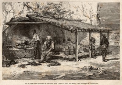 Eine Thunfischfanghütte in der Bucht von Proelucca, Golf von Fiume (oder Rijeka, Istrien), drei der Fischer schlafen noch, in Decken gehüllt, ein anderer wird sich ausrüsten und den Ausguck ersetzen, ein anderer wird die Küche vorbereiten und das Moos wand von Theodore Weber